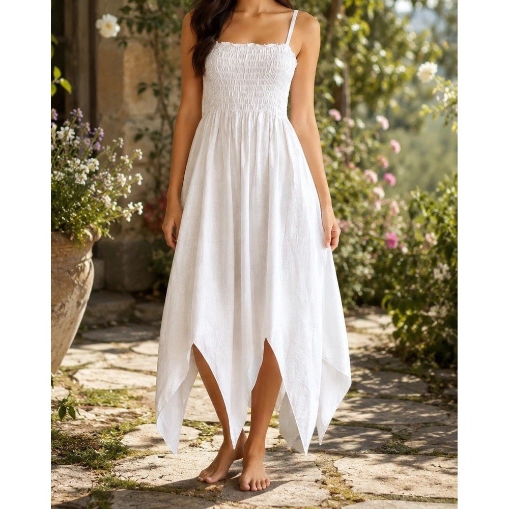 Peaceful People White Spaghetti Strap Smocked Sarong Swimsuit Cover Dress Size S